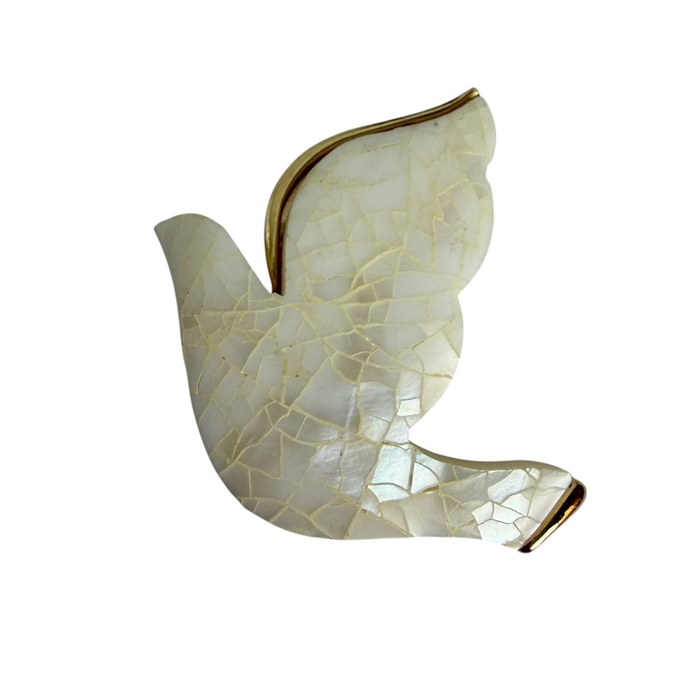 Liz Claiborne Vintage Dove‎ Brooch Mother of Pearl Mosaic Gold Tone Bird Pin